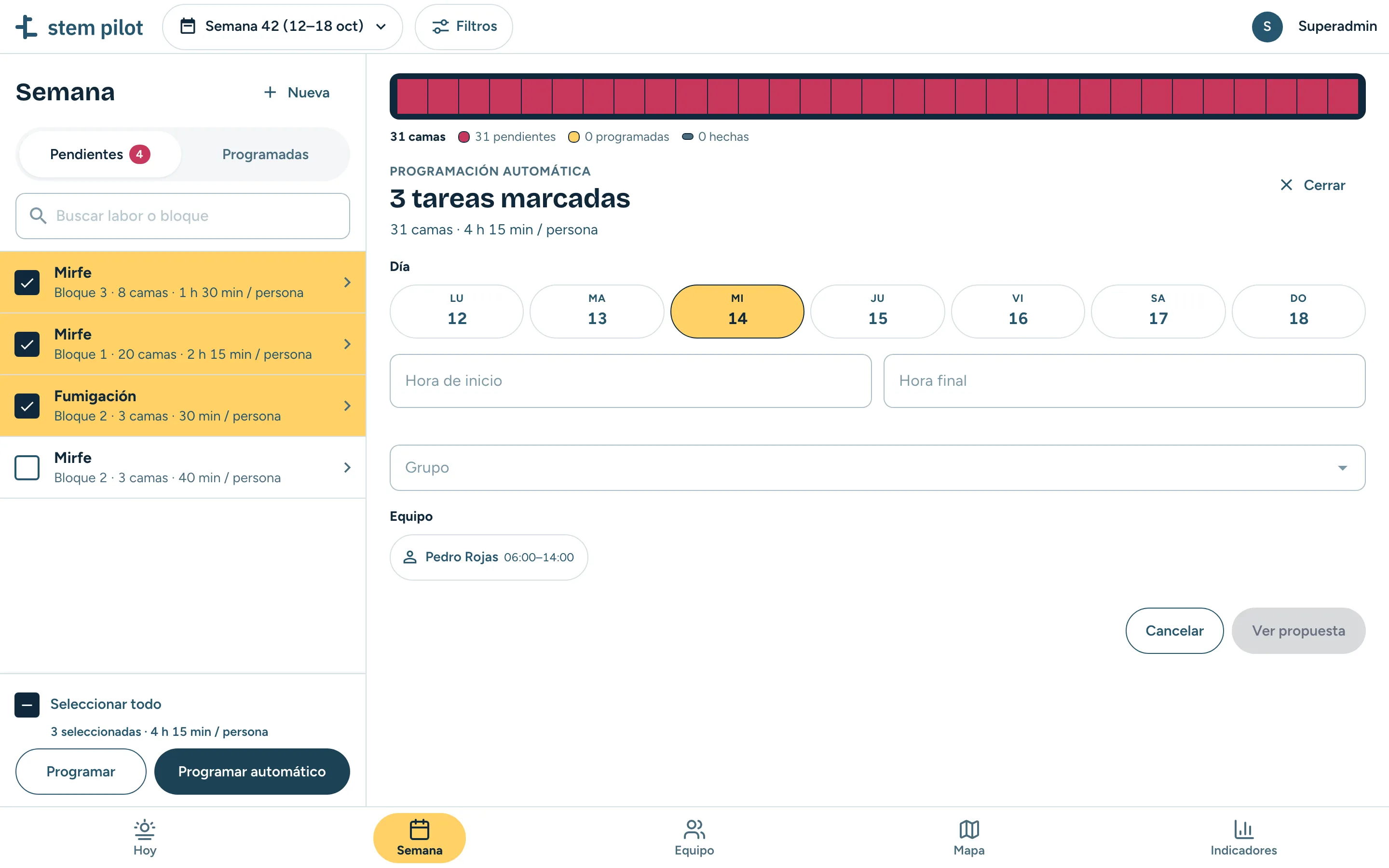 La programación automática de stem pilot: las tareas marcadas, el día, la franja de tiempo y el equipo